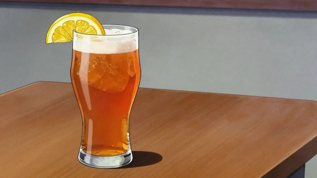 Picon bière, bitter orange Picon poured into a glass of beer, France cocktail, anime style