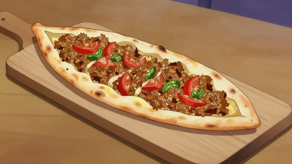 Pide, boat-shaped flatbread baked with cheese, minced meat or sucuk, Turkey bread & pastry, anime style