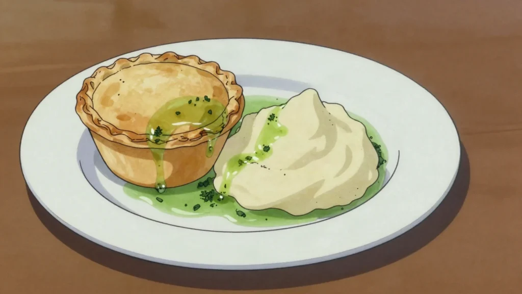 Pie and mash, minced beef pie with mashed potato and green parsley liquor, United Kingdom street food, anime style