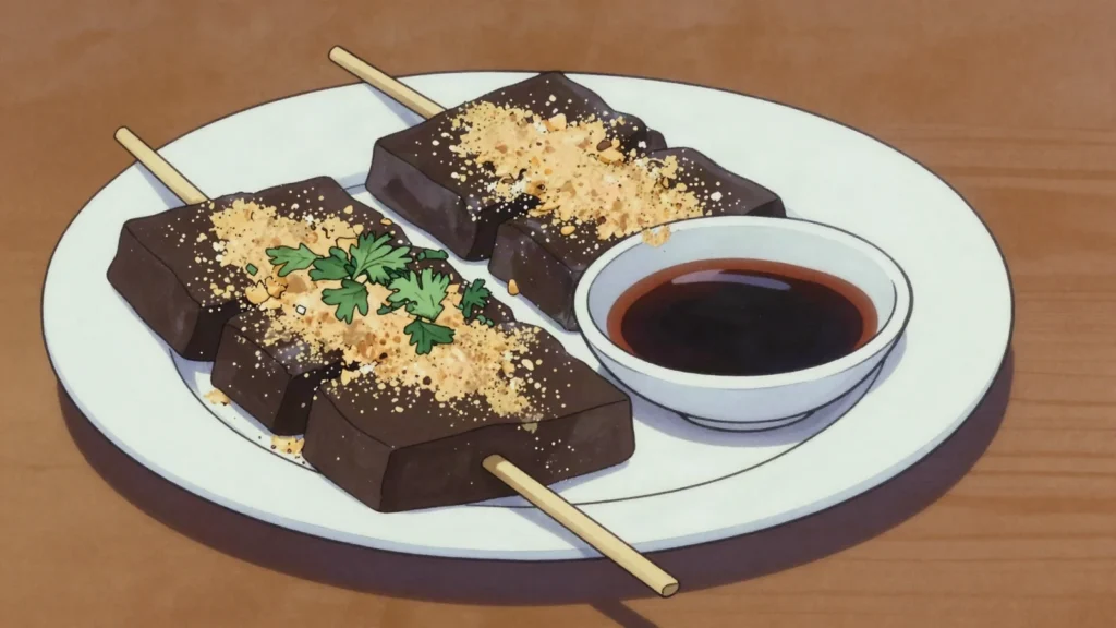 Pig's Blood Cake, steamed pork-blood rice cake on a stick, rolled in peanut powder and, Taiwan street food, anime style