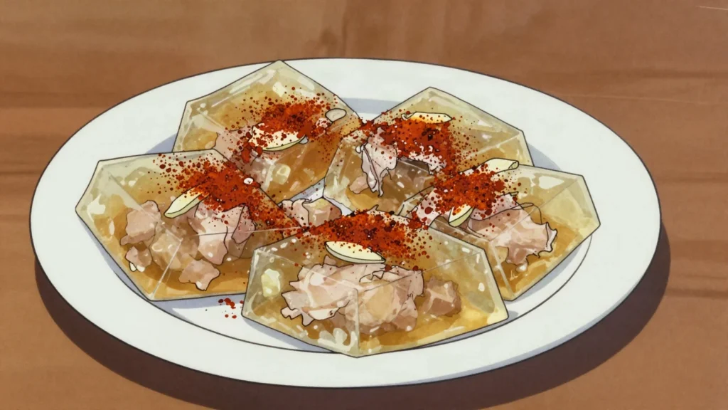 Pihtije, pork or chicken set in its own savoury jelly with garlic, eaten cold, Serbia snack, anime style
