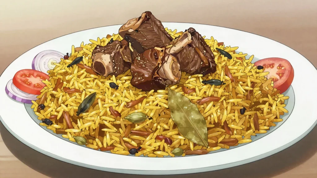 Pilaou, swahili-style spiced rice cooked with meat and tomatoes, Comoros main, anime style