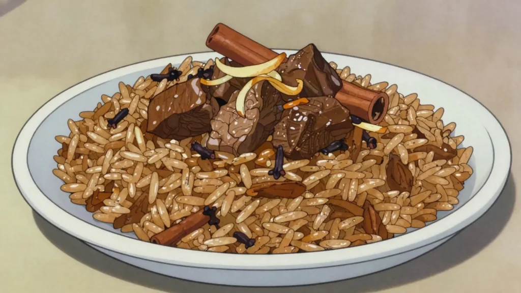 Pilau, rice cooked in whole spices with beef, Swahili coast favorite, Kenya main, anime style