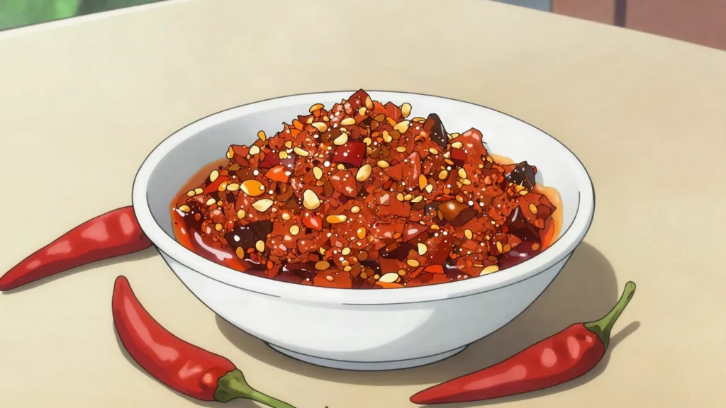 Pili pili, ground hot chili paste set beside grilled fish and cassava, Republic of the Congo sauce & condiment, anime style