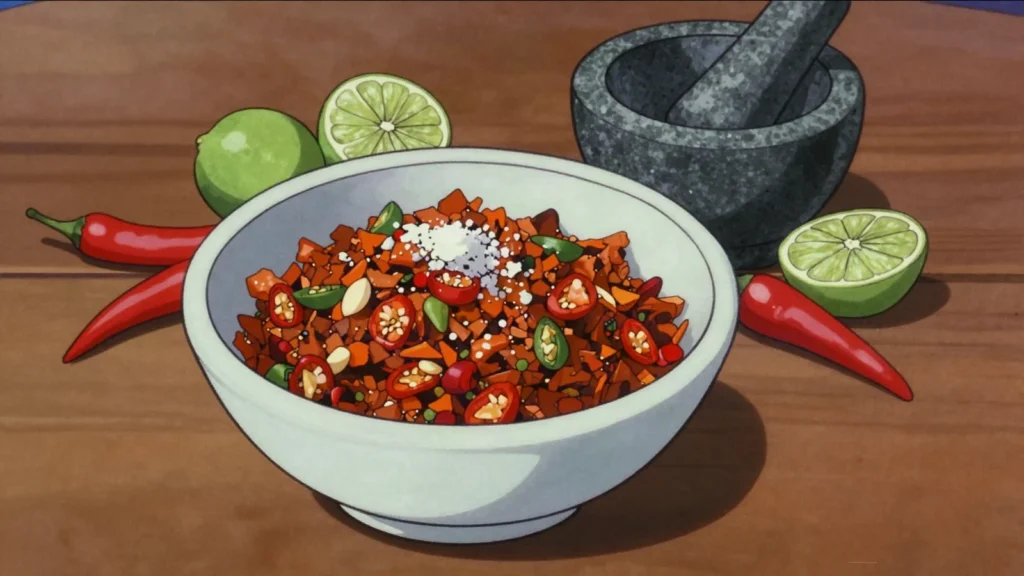 Piman zwazo, tiny bird's eye chilies crushed with lime and salt into a burning, Seychelles sauce & condiment, anime style
