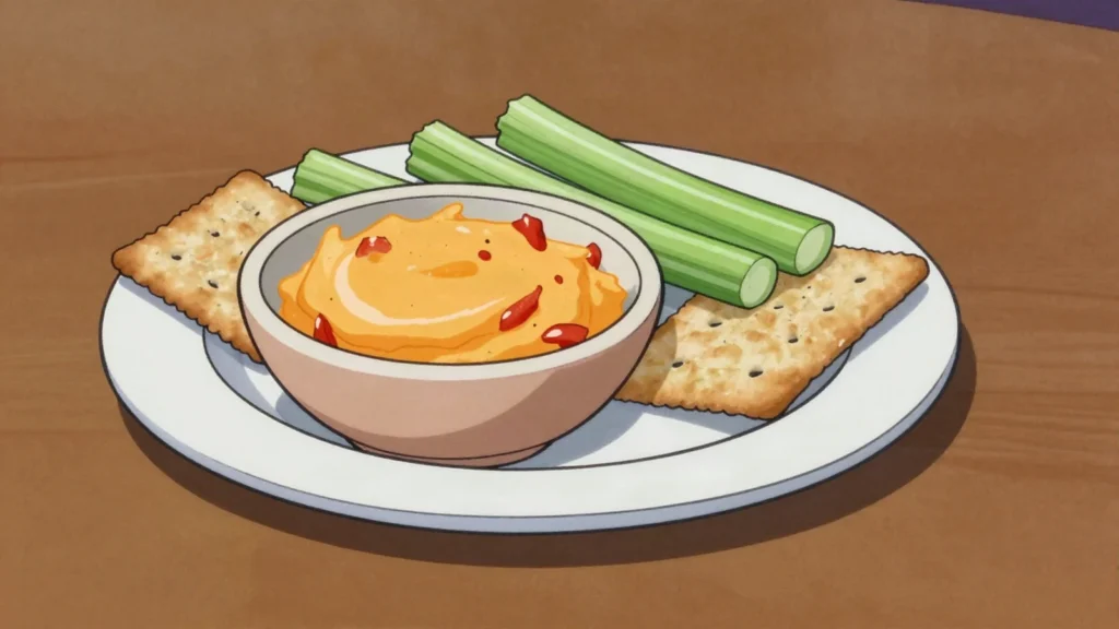 Pimento cheese, sharp cheddar spread with mayonnaise and red pimientos, on crackers or, United States snack, anime style