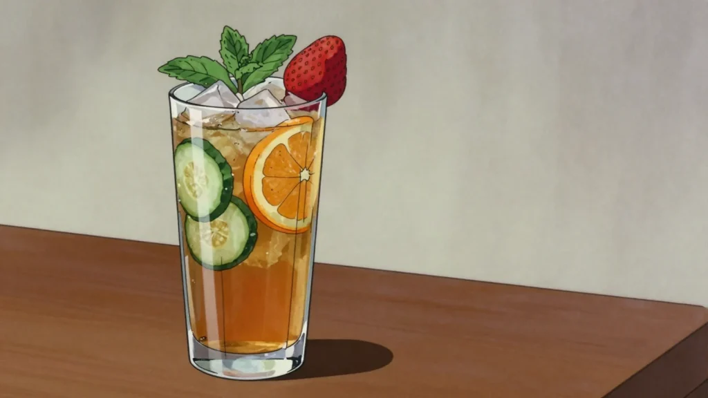 Pimm's Cup, pimm's No. 1 with lemonade, cucumber, mint and chopped fruit, United Kingdom cocktail, anime style