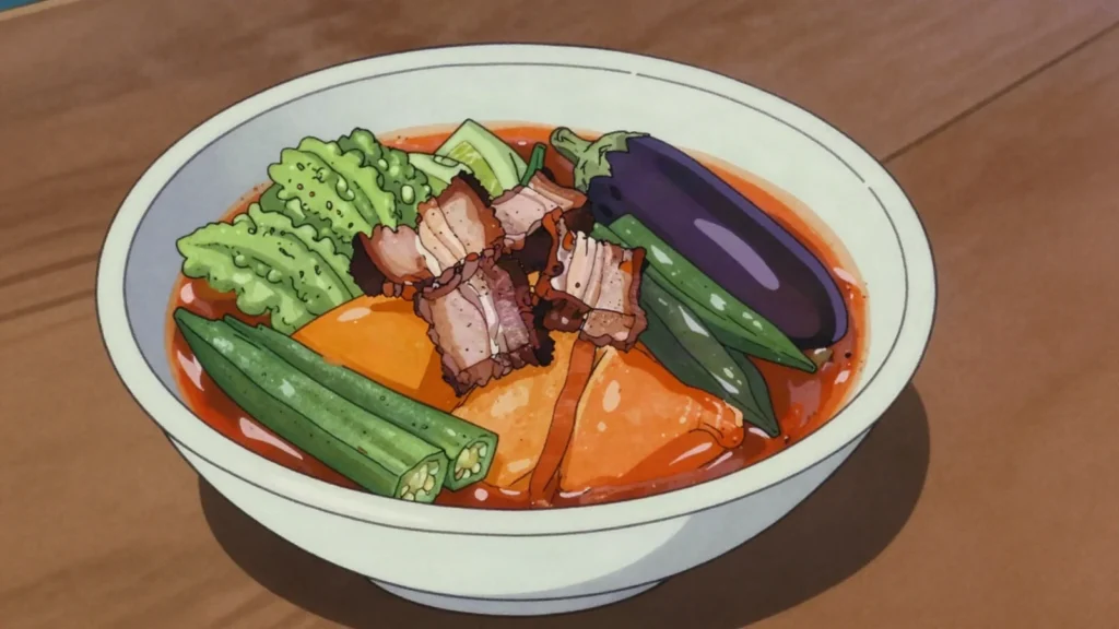 Pinakbet, ilocano vegetable stew of bitter melon, okra and squash flavoured with bagoong, Philippines main, anime style