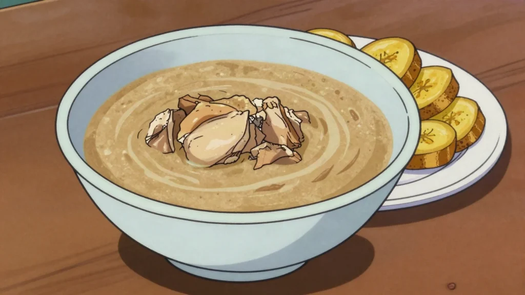 Pindasoep, creole peanut soup with plantain dumplings called tom tom, Suriname soup & stew, anime style