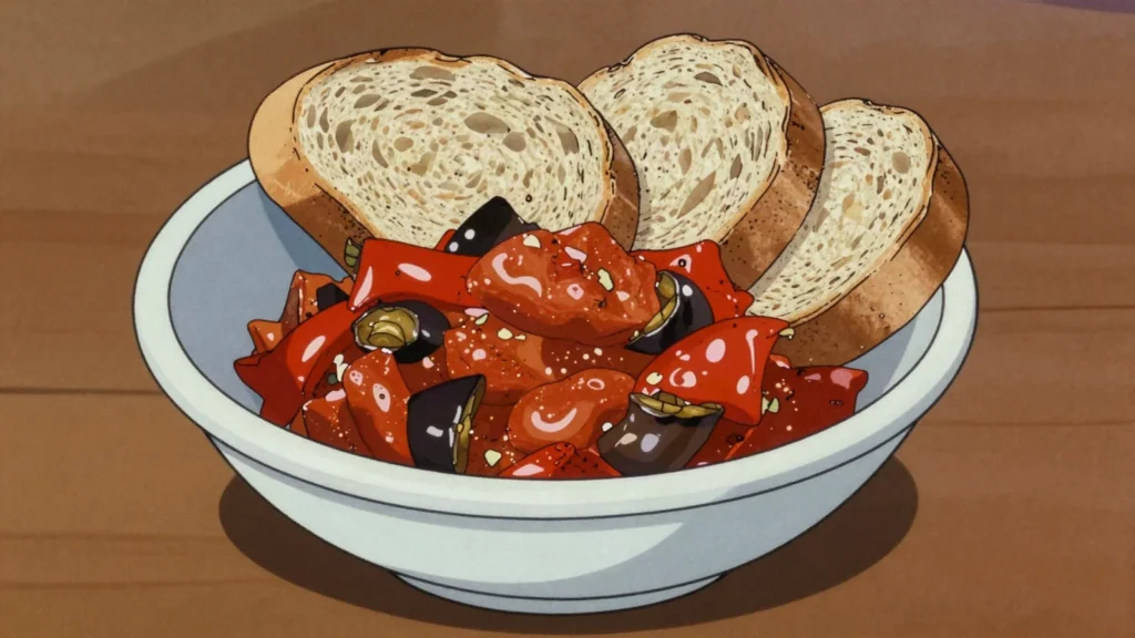 Pindjur, roasted pepper, tomato and aubergine relish, chunkier than ajvar, North Macedonia sauce & condiment, anime style