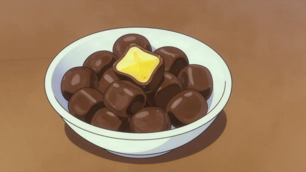 Pineapple Lumps, chewy pineapple-flavoured candy logs coated in chocolate, sold in yellow, New Zealand snack, anime style