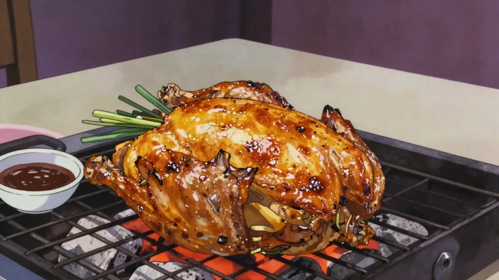 Ping Kai, split lemongrass-marinated chicken grilled over charcoal, Laos street food, anime style
