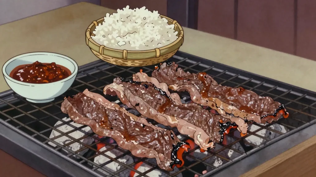 Ping Sin, marinated beef strips grilled over charcoal and eaten with jeow and sticky rice, Laos street food, anime style