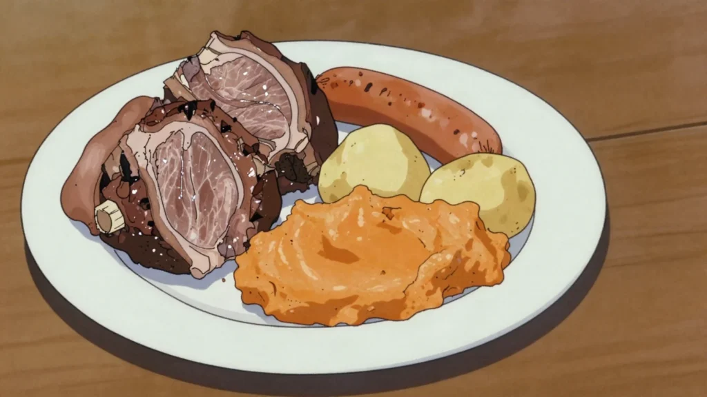Pinnekjøtt, salted lamb ribs steamed over birch twigs at Christmas, Norway main, anime style