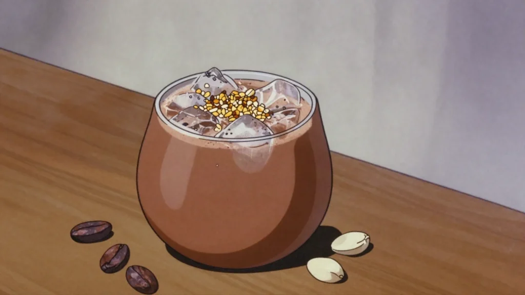 Pinolillo, toasted corn-and-cacao drink, stirred and pleasantly gritty, Nicaragua drink, anime style