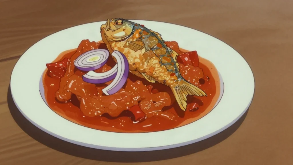 Pinon, gari cooked in spicy red tomato broth, often with fried fish, Togo main, anime style