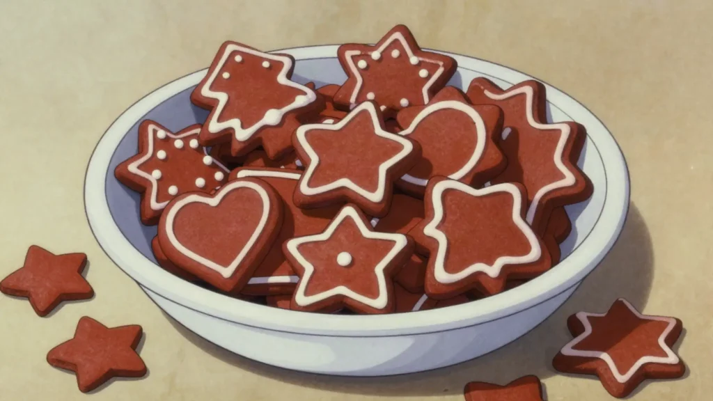 Piparkoogid, thin spiced gingerbread cut into shapes and iced at Christmas, Estonia snack, anime style