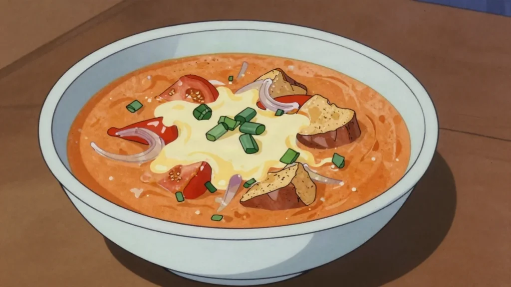 Pira caldo, rich river-fish soup thickened with cheese, milk and tomato, Paraguay soup & stew, anime style