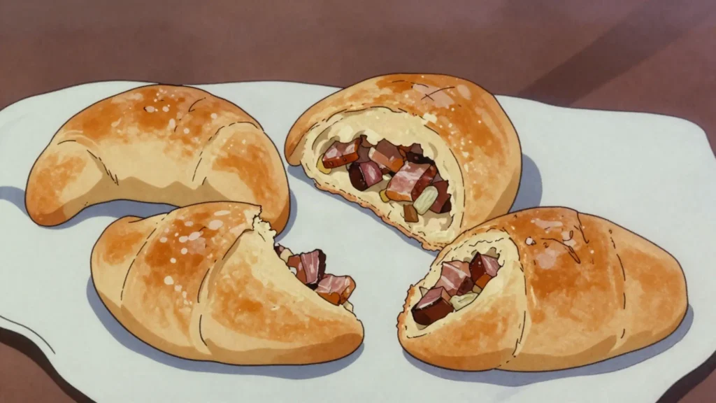 Pīrāgi, crescent yeast buns stuffed with smoked bacon and onion, Latvia snack, anime style