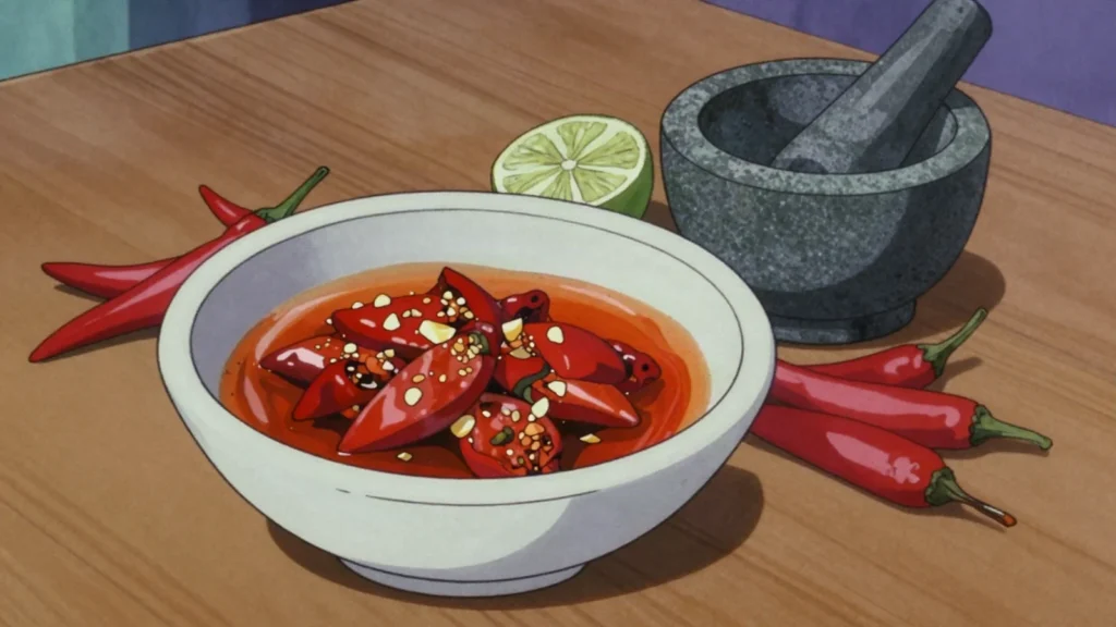 Piri-piri, crushed malagueta chili in palm oil, set on the table with, São Tomé and Príncipe sauce & condiment, anime style