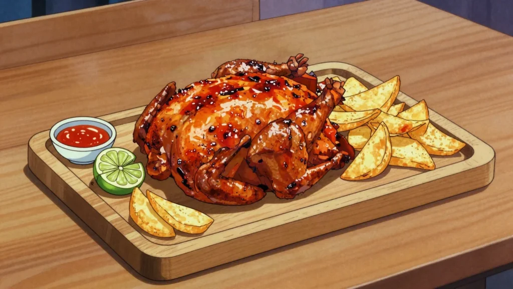 Piri-piri chicken, flame-grilled chicken basted in fiery piri-piri marinade, Mozambique main, anime style
