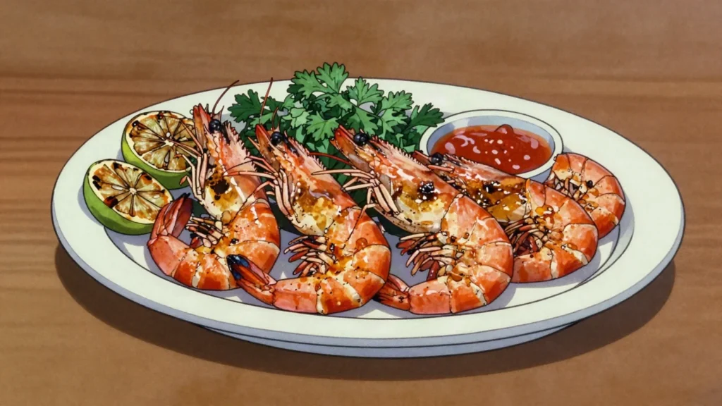 Piri-piri prawns, famous Mozambican prawns grilled with piri-piri, garlic and lime, Mozambique main, anime style