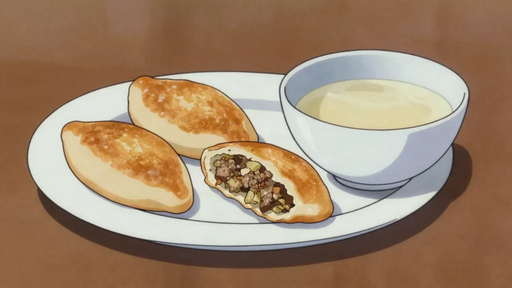 Piroshki, fried buns stuffed with minced mutton, potato or cabbage; sold from kiosks, Mongolia street food, anime style