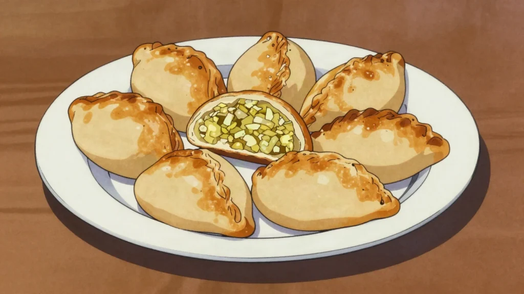 Pirozhki, soft buns stuffed with cabbage, potato, meat or apple, Russia street food, anime style