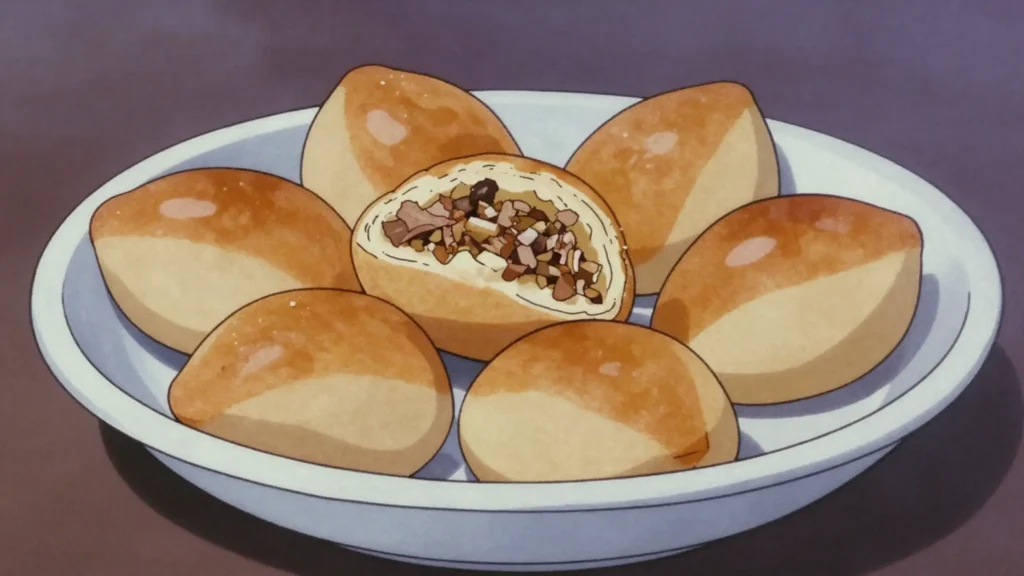 Pirukad, little baked buns filled with meat, cabbage, or carrot, Estonia snack, anime style