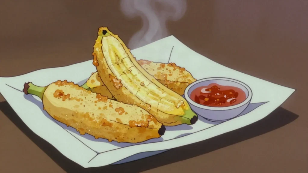 Pisang Goreng, battered fried bananas eaten hot from street vendors, Indonesia snack, anime style