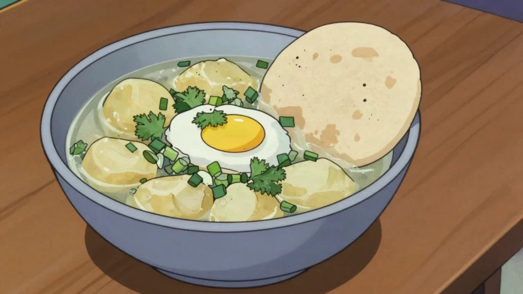 Pisca andina, andean breakfast broth of potato, milk, coriander and poached egg, Venezuela soup & stew, anime style