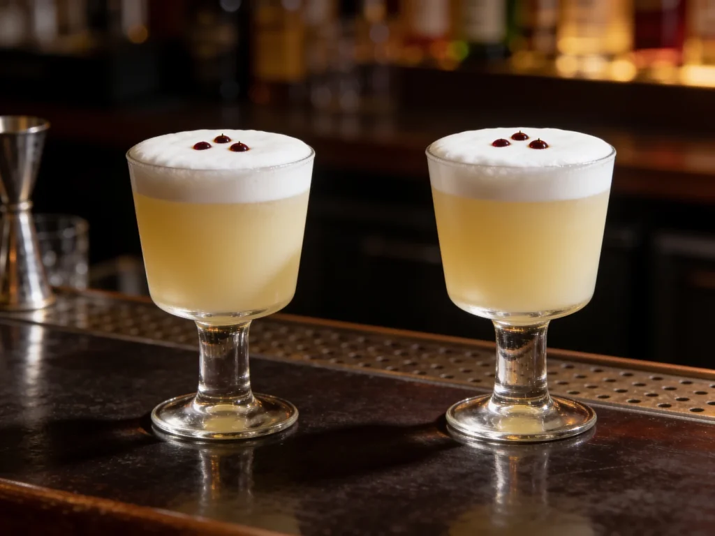 Pisco sour, pisco shaken with lime, syrup, egg white and bitters, Peru cocktail, anime style