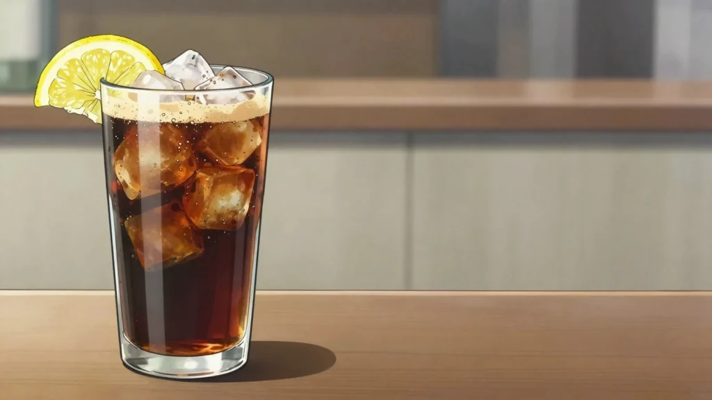 Piscola, pisco and cola poured tall over ice at every Chilean party, Chile cocktail, anime style
