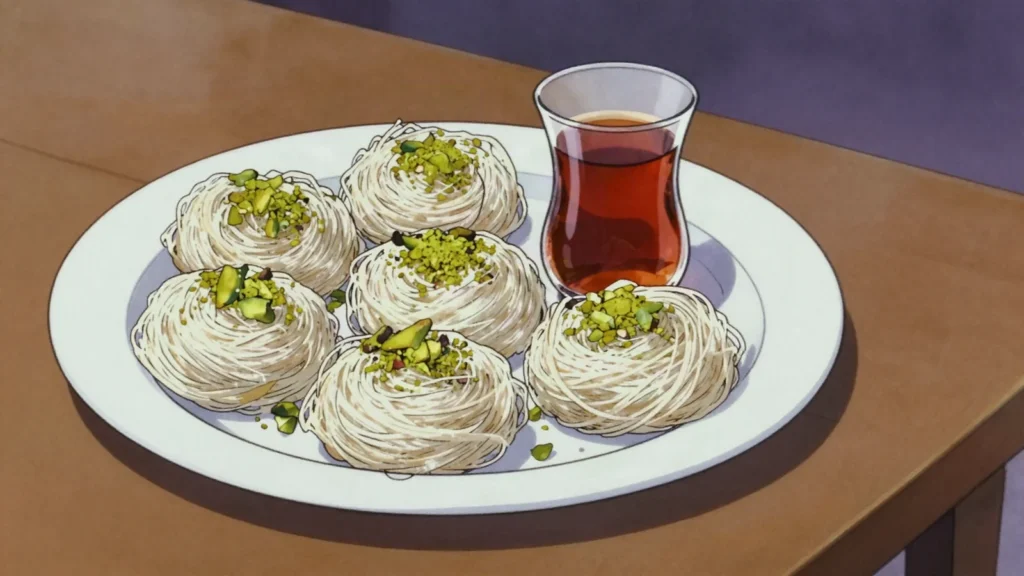 Pismaniye, fine threads of pulled flour-and-sugar floss, eaten by the handful with tea, Turkey dessert, anime style