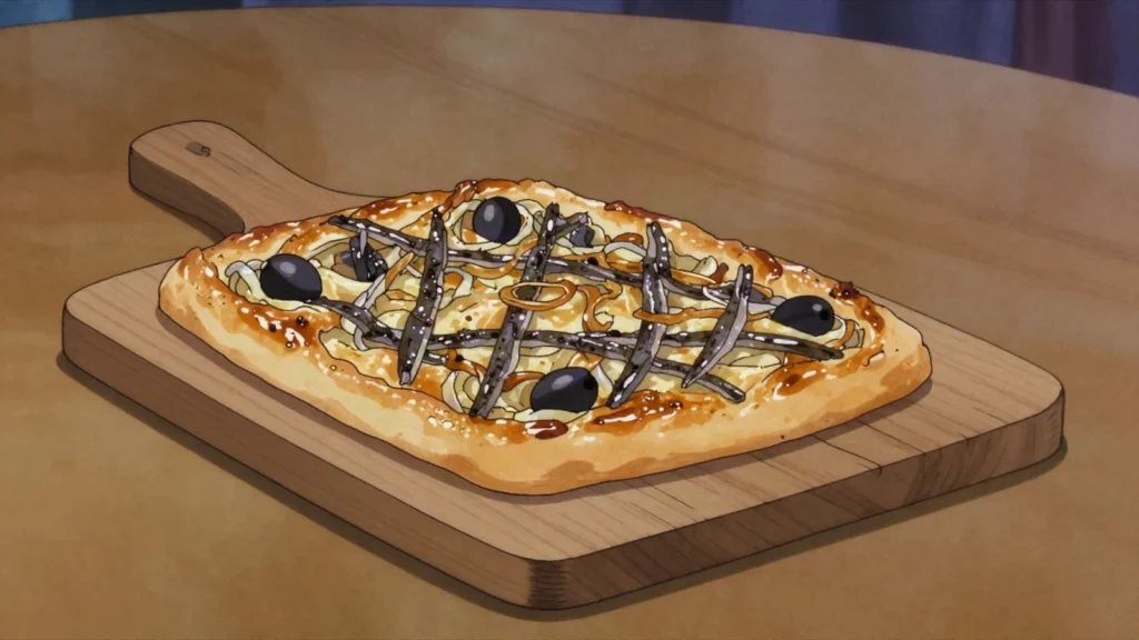Pissaladière, caramelized onion tart with anchovies and olives, Monaco bread & pastry, anime style