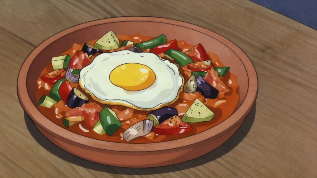 Pisto, manchegan fried vegetable medley, often crowned with egg, Spain salad & side, anime style