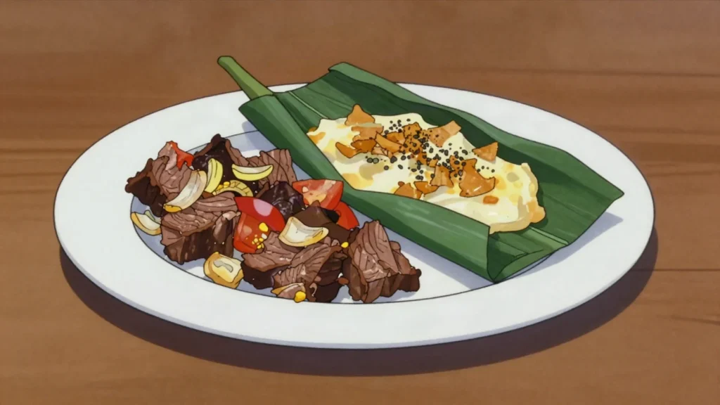 Pisupo, tinned corned beef fried with onion or baked in taro leaves, gifted by the case, Samoa main, anime style