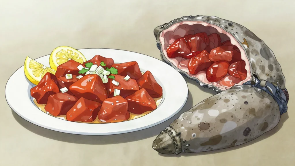Piure, blood-red sea squirt flesh, strongly iodised, chopped raw with lemon, Chile main, anime style