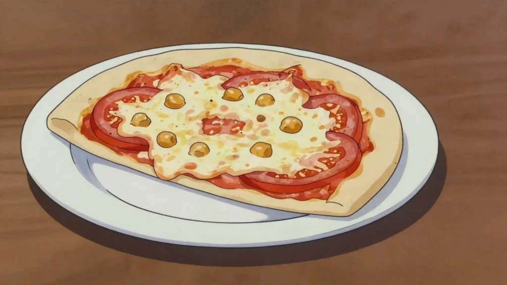 Pizza a caballo, slice of pizza with a slice of faina laid on top, eaten standing, Uruguay street food, anime style