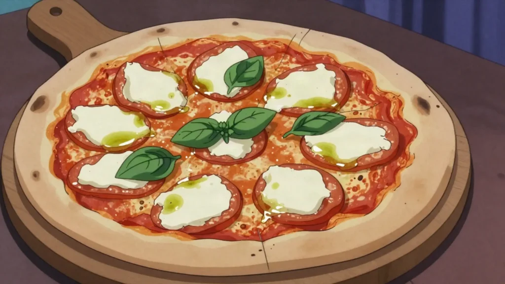 Pizza Margherita, neapolitan wood-fired pizza with tomato, mozzarella, basil, Italy main, anime style