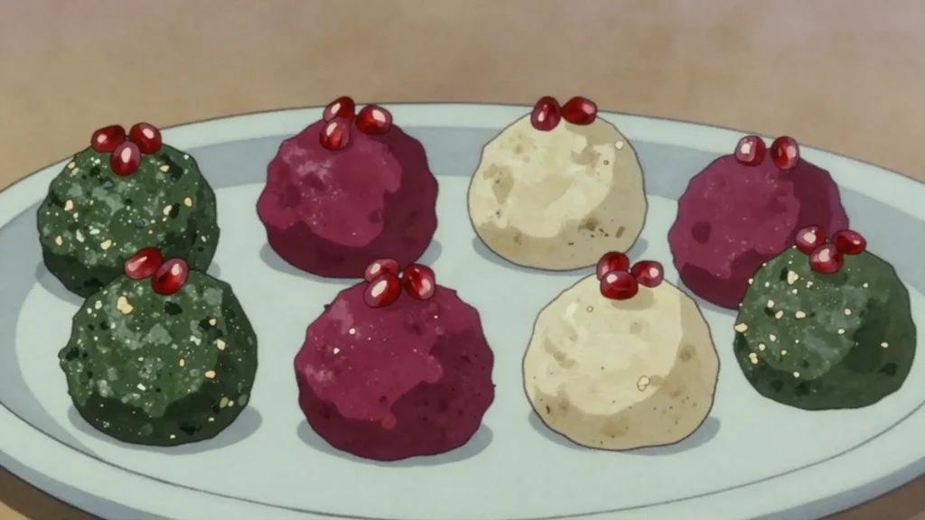Pkhali, minced spinach or beet greens with walnut-garlic paste, pomegranate seeds, Georgia salad & side, anime style