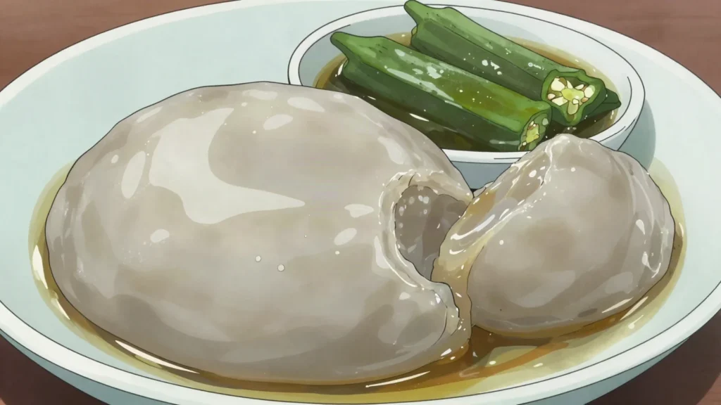 Placali, smooth fermented cassava dough eaten with okra or palm-nut sauce, Côte d'Ivoire main, anime style