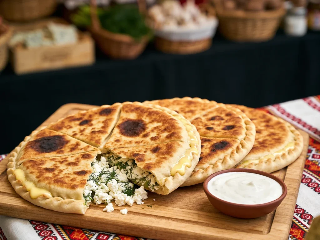 Plăcinte, flat round pies filled with brânză, potato, cabbage or cherries, Moldova bread & pastry, anime style