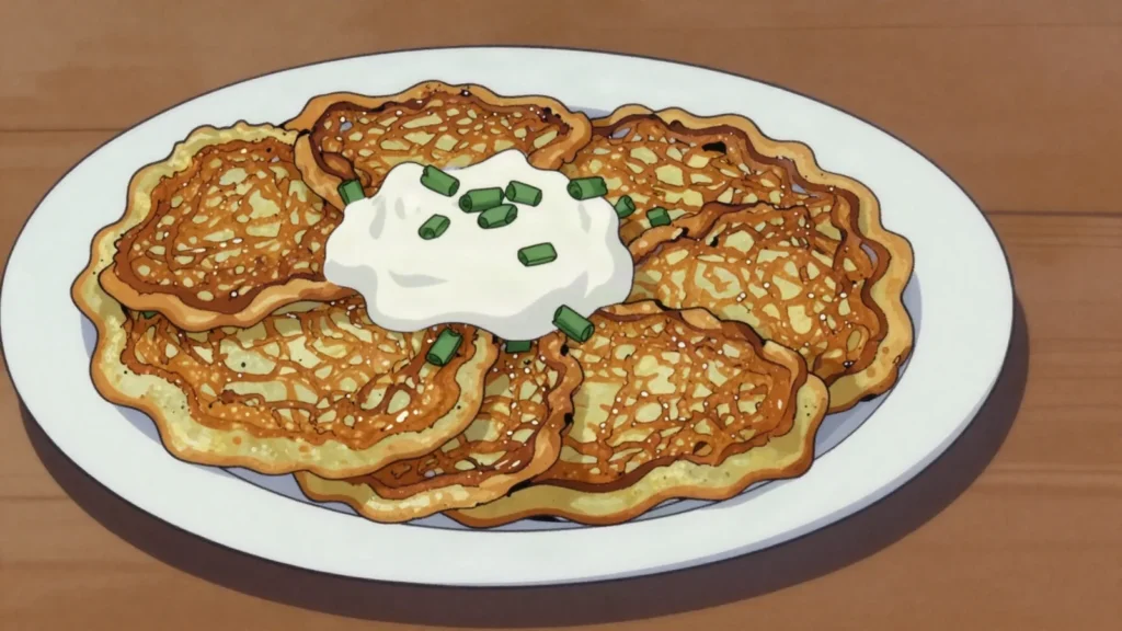 Placki ziemniaczane, fried potato pancakes with sour cream or goulash sauce, Poland main, anime style