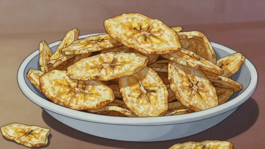 Plantain chips, green plantain sliced thin and fried crisp, sold in bags, Liberia snack, anime style