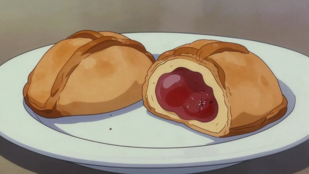Plantain tart, half-moon pastry filled with spiced sweet plantain, often stained red, Jamaica bread & pastry, anime style