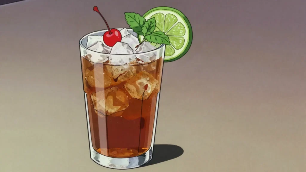 Planter's punch, dark rum with lime, sugar, water and bitters over crushed ice, Jamaica cocktail, anime style