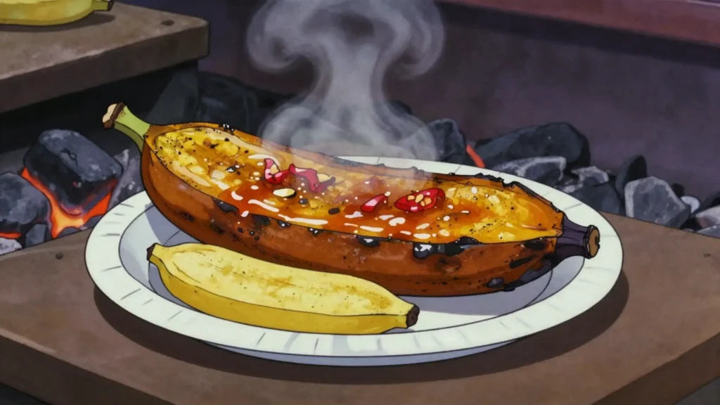 Platano asado, ripe plantain roasted whole on a charcoal grill and eaten from, Equatorial Guinea street food, anime style