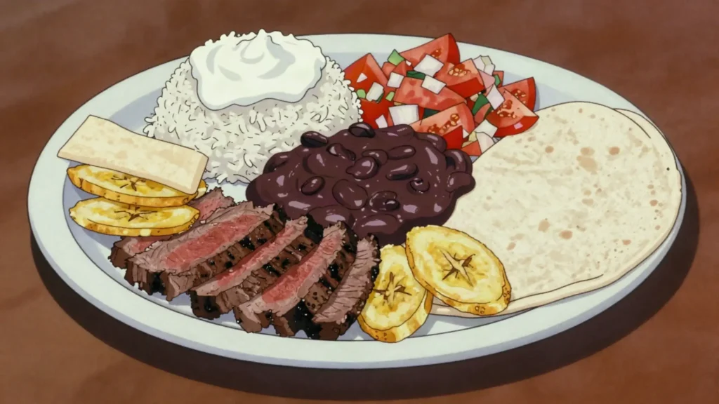 Plato típico, grilled beef with beans, rice, plantains, and chismol, Honduras main, anime style