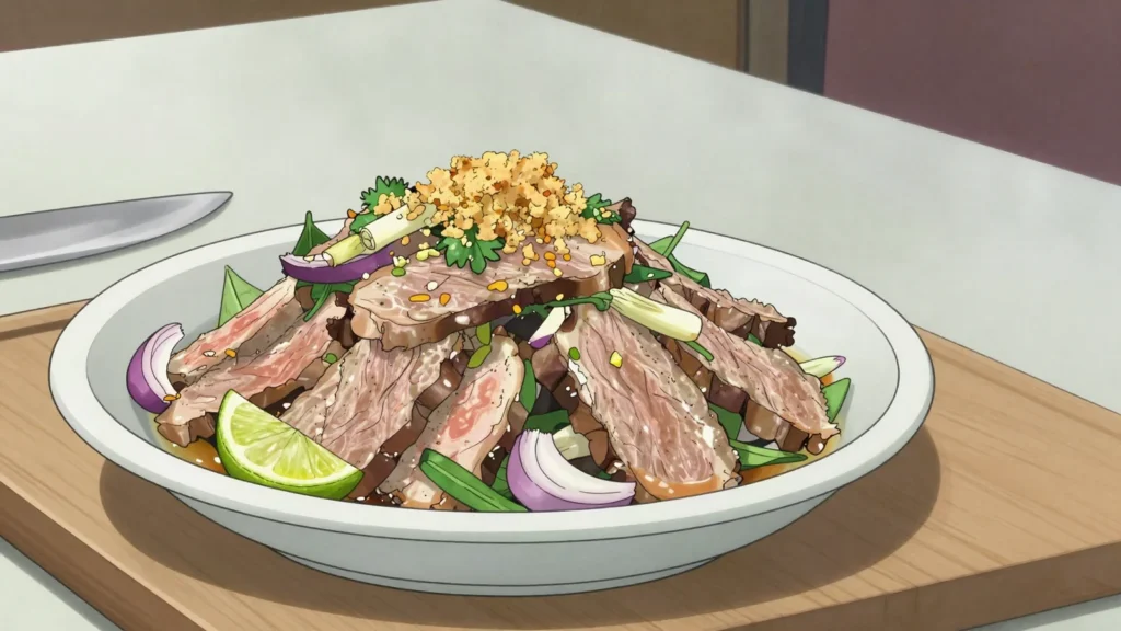 Pleah Sach Ko, thin raw beef cured in lime juice with herbs, shallot and roasted rice, Cambodia salad & side, anime style